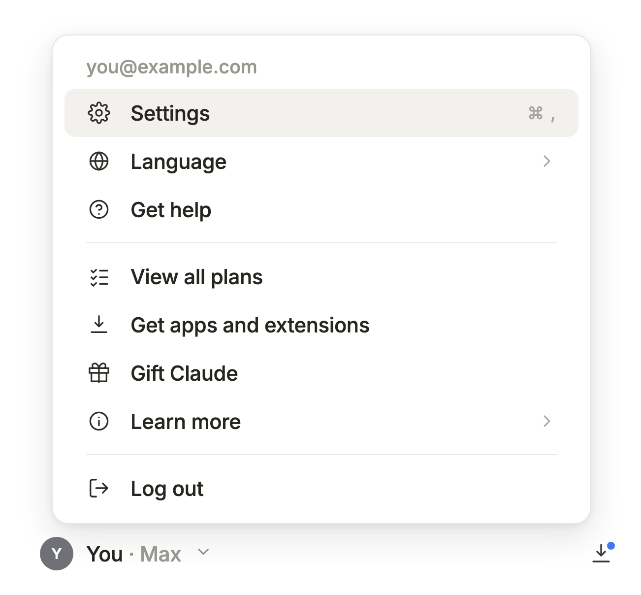 Claude interface with the Settings menu open