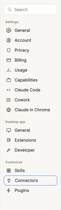 Claude Settings sidebar with the Connectors section selected