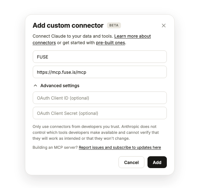 Claude Add custom connector dialog with the FUSE name and MCP server URL filled in