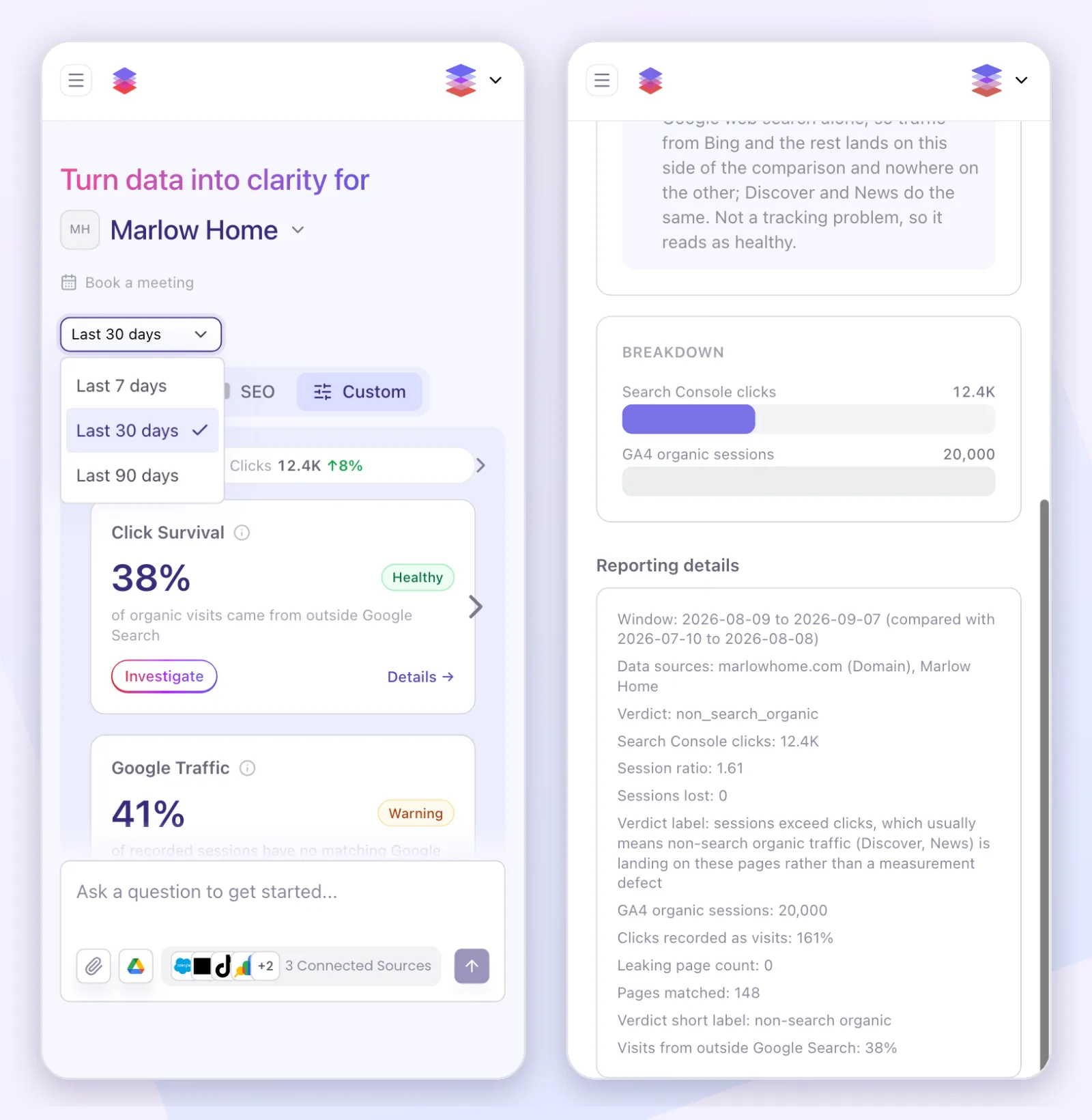 Two phone screens: the FUSE date range menu open with Last 7, 30 and 90 days, and the reporting details section of a widget page showing the window measured, the comparison period and the accounts used