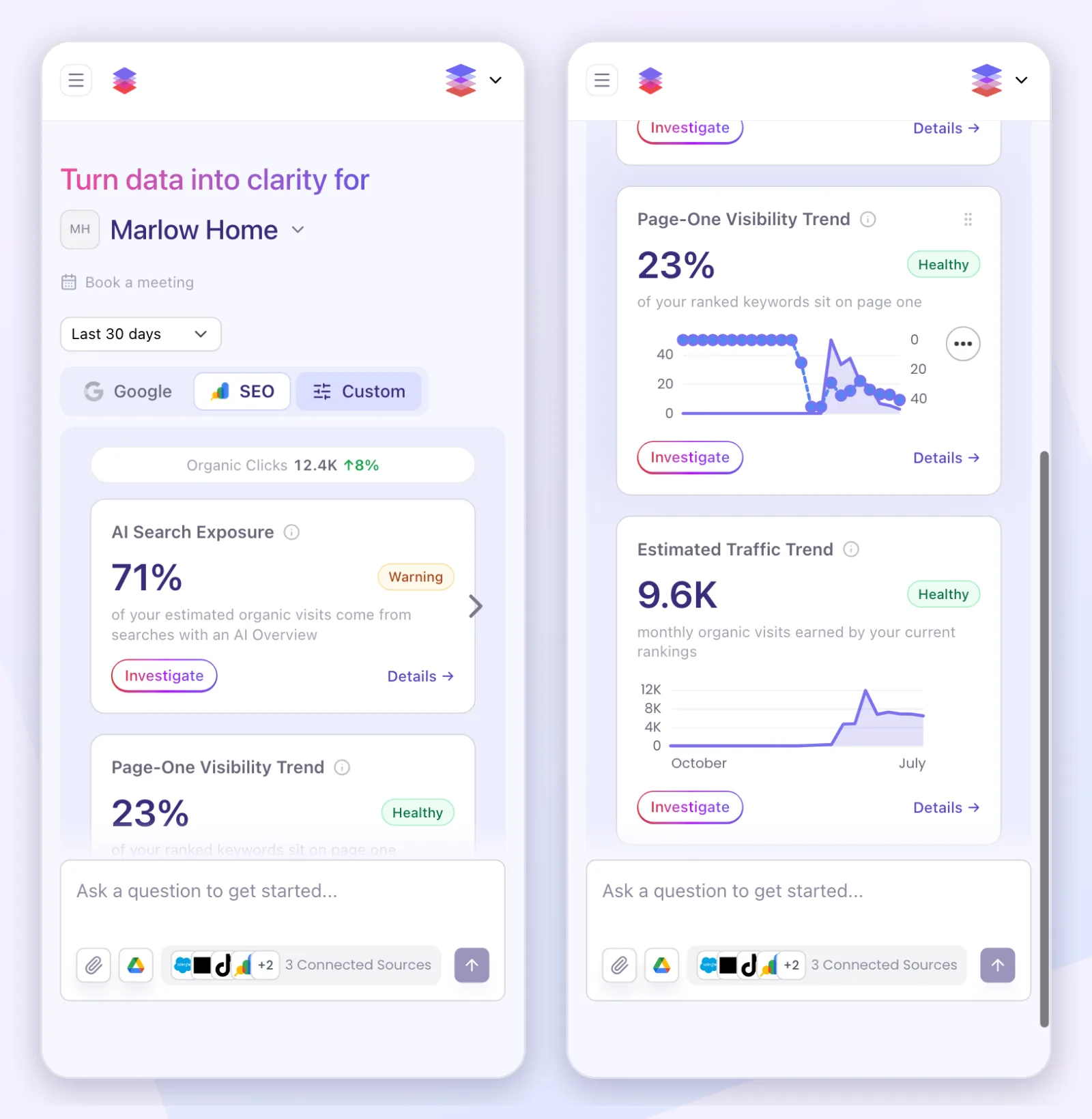Two phone screens of the FUSE SEO board: AI Search Exposure at 71% marked Warning and Page-One Visibility Trend marked Healthy, then the page-one trend chart and the Estimated Traffic Trend chart
