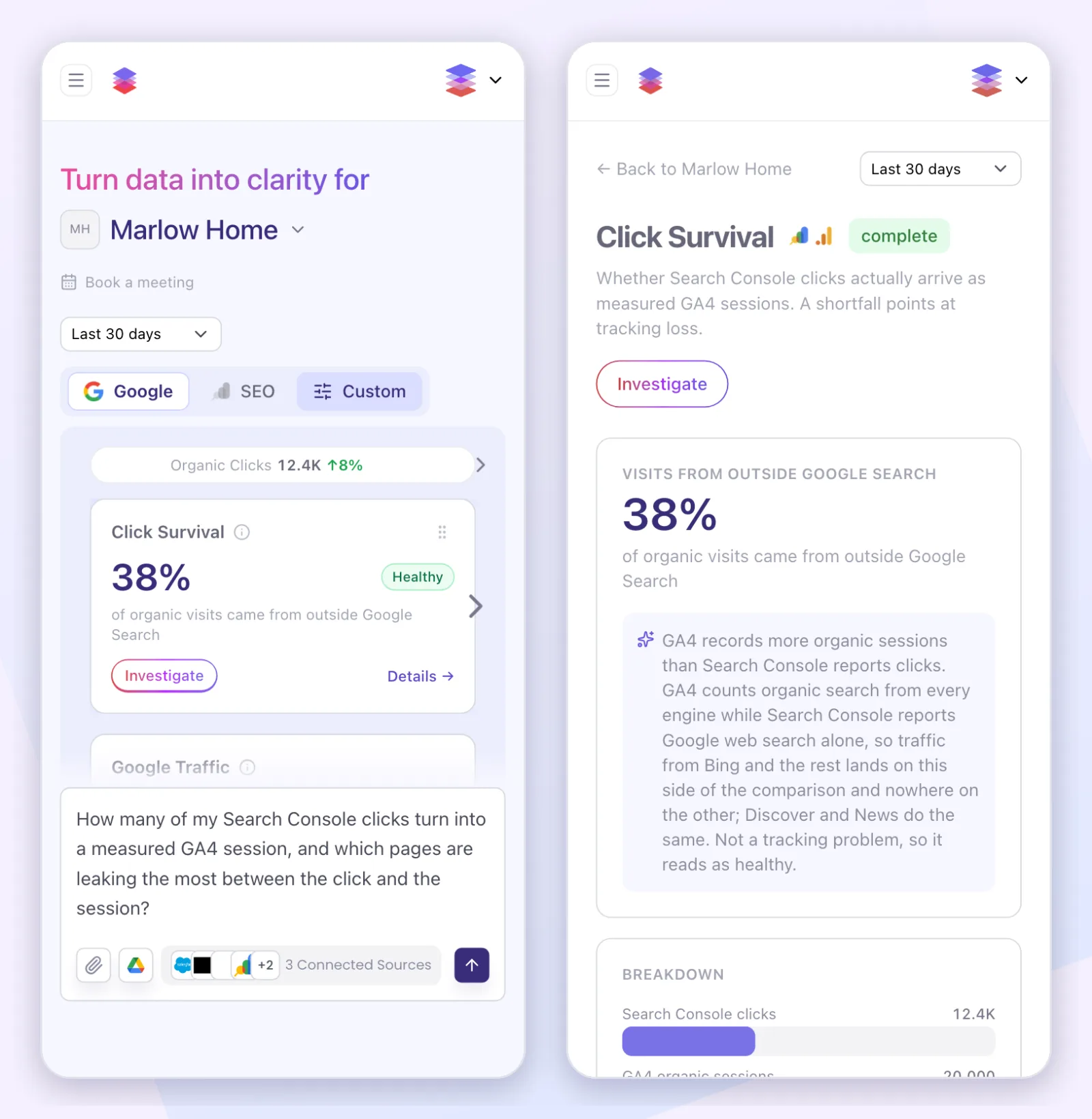 Two phone screens: the Click Survival question sitting in the FUSE chat box after tapping Investigate, and the Click Survival detail page with the 38% headline and its plain-language explanation